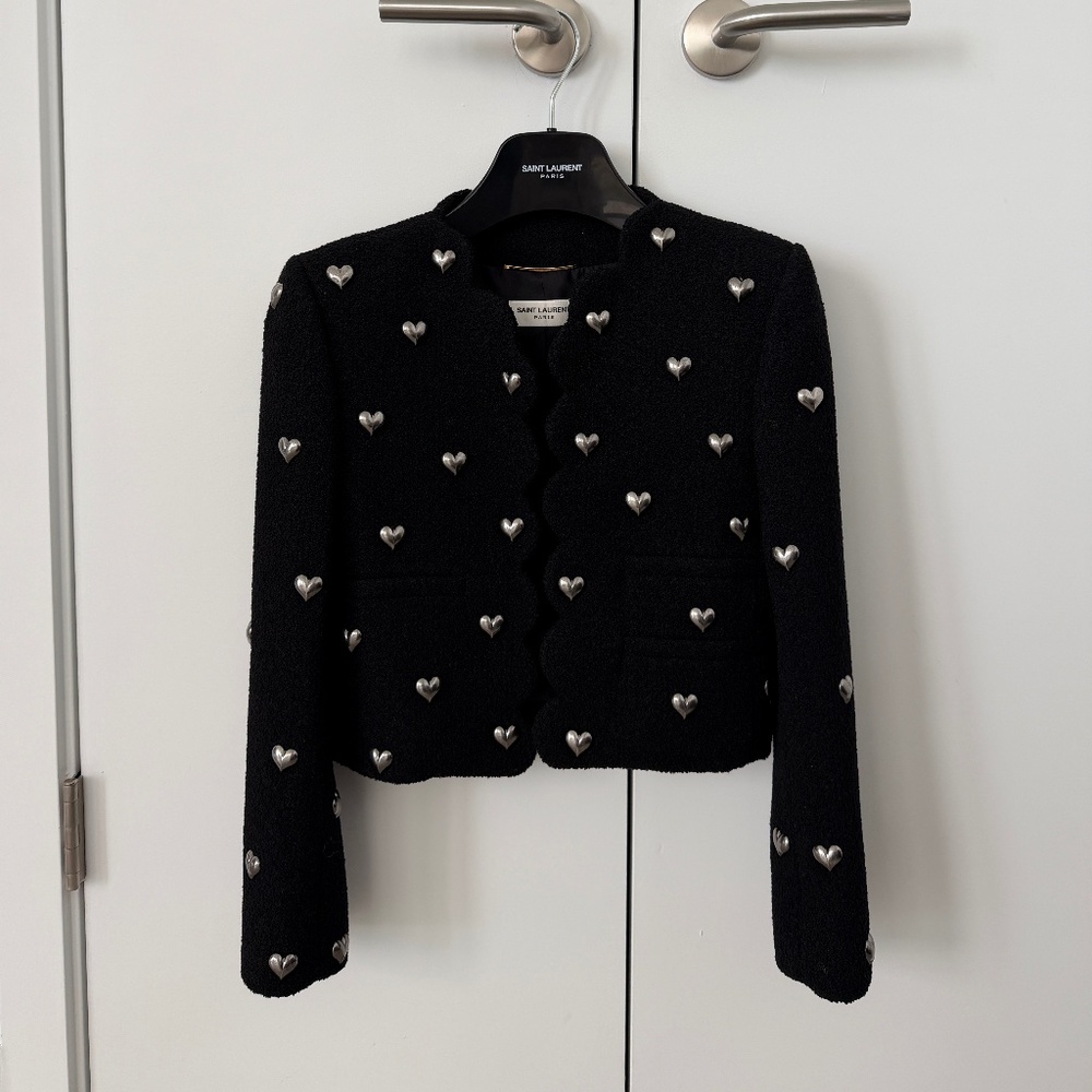 Saint Laurent Black Wool Jacket Heart Embellished